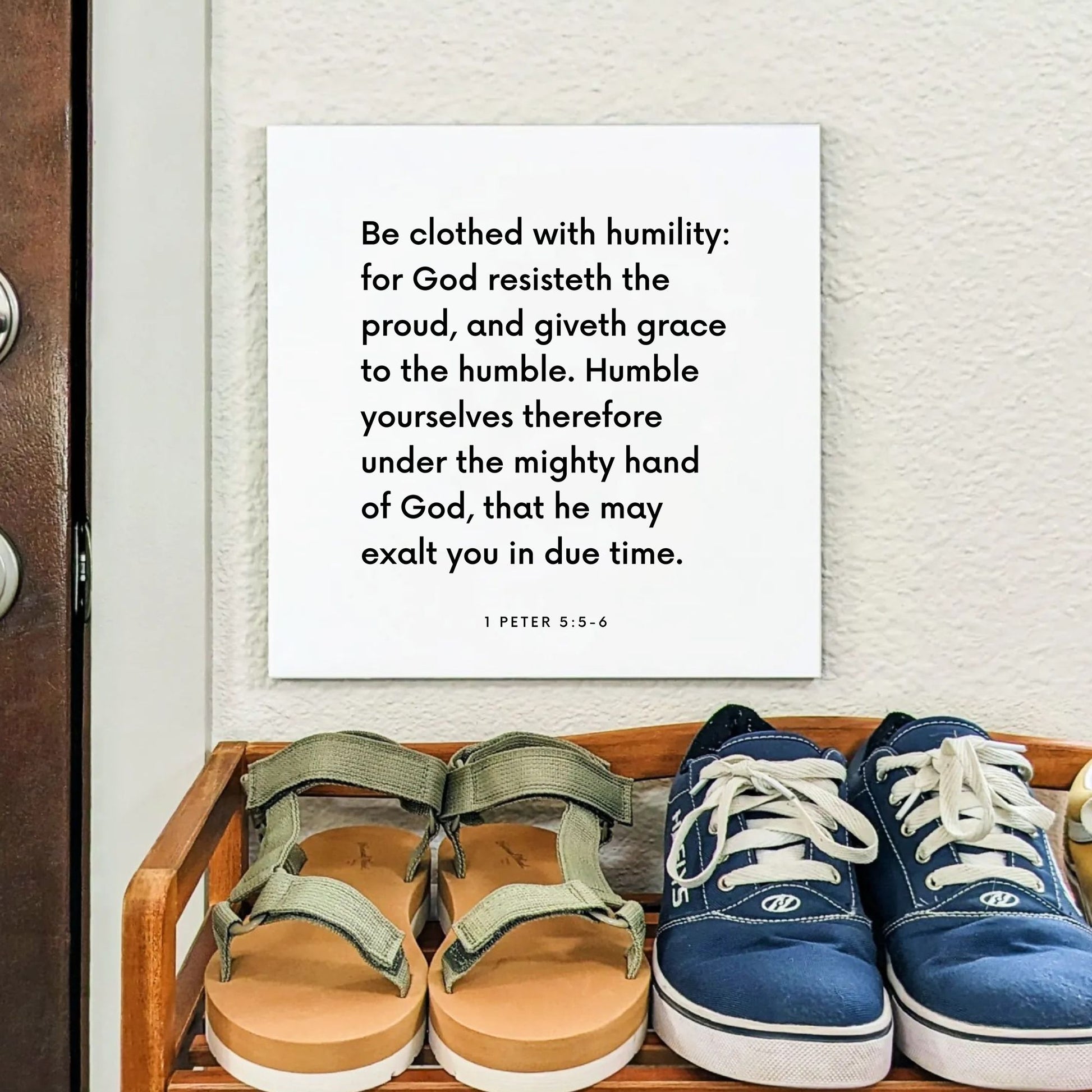 Shoes mouting of the scripture tile for 1 Peter 5:5-6 - "Be clothed with humility: for God resisteth the proud"