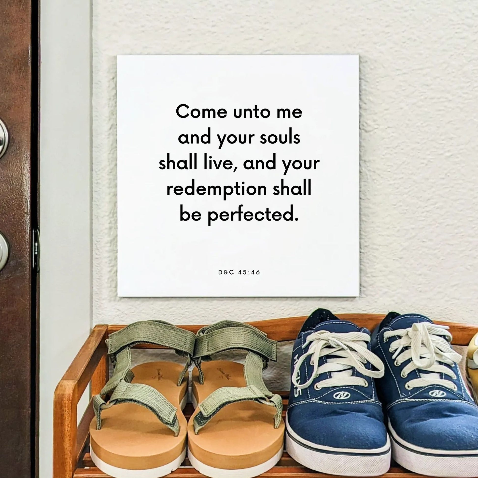 Shoes mouting of the scripture tile for D&C 45:46 - "Come unto me and your souls shall live"