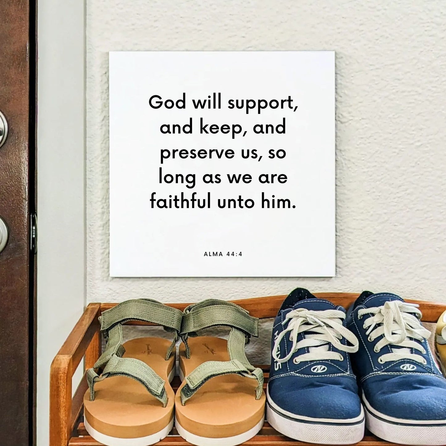 Shoes mouting of the scripture tile for Alma 44:4 - "God will support, and keep, and preserve us"