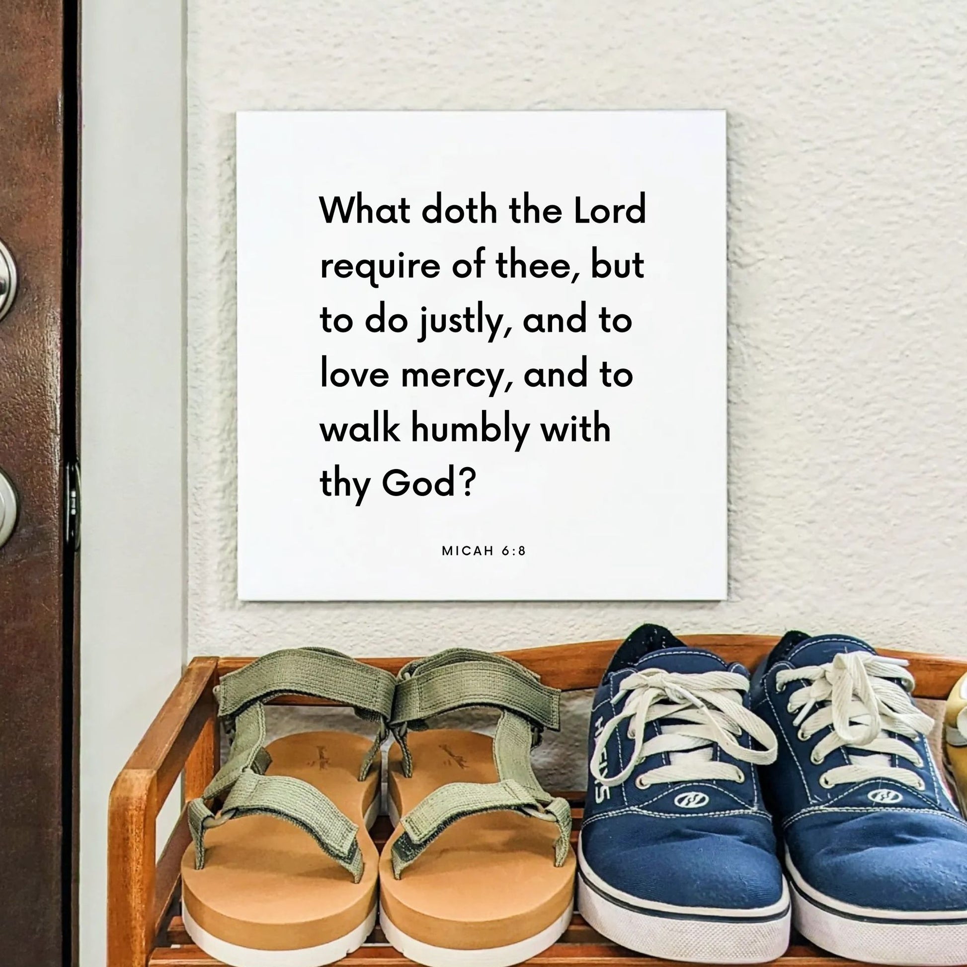 Shoes mouting of the scripture tile for Micah 6:8 - "What doth the Lord require of thee?"