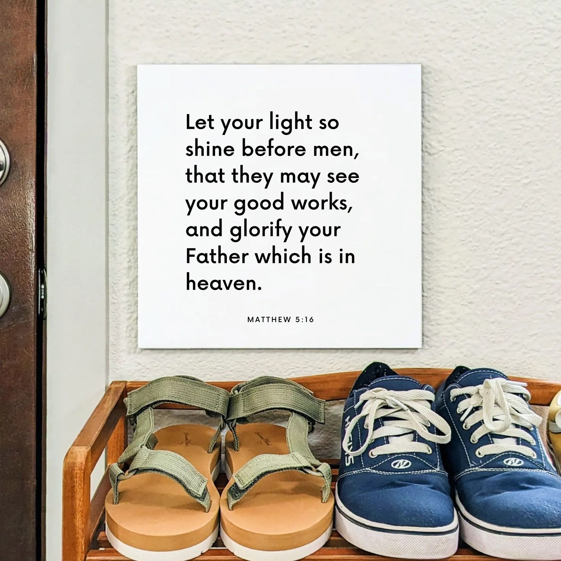 Shoes mouting of the scripture tile for Matthew 5:16 - "Let your light so shine before men"