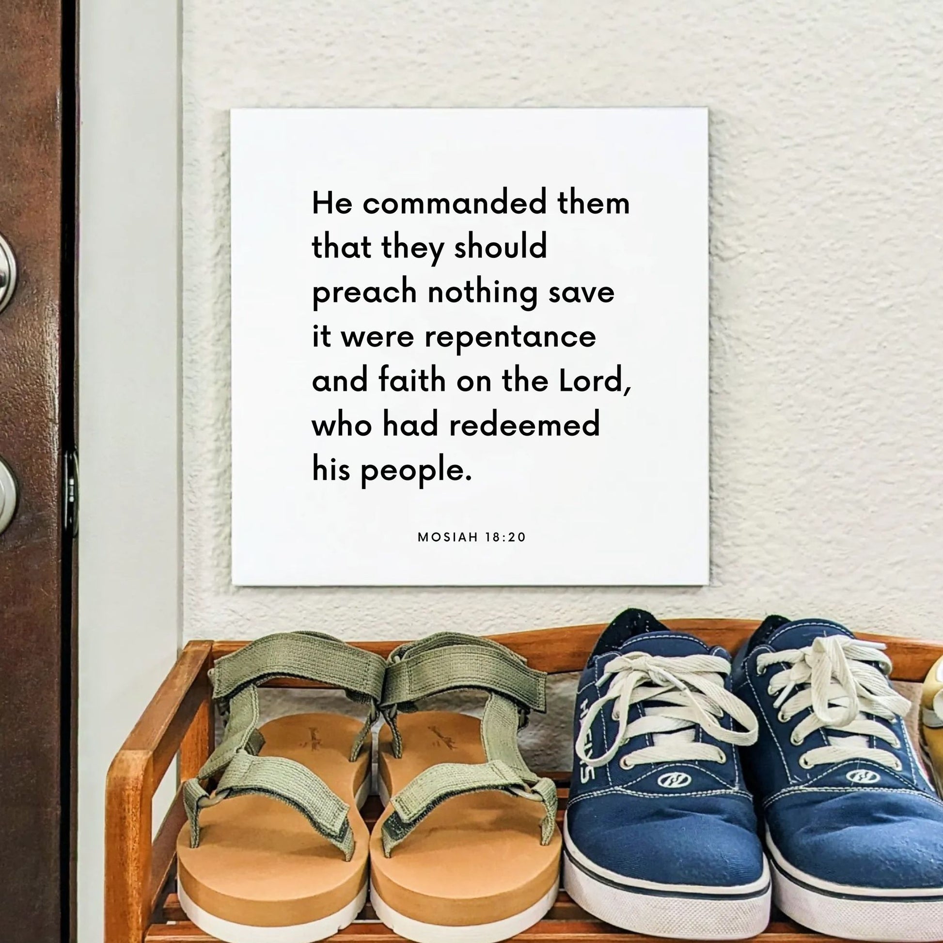 Shoes mouting of the scripture tile for Mosiah 18:20 - "They should preach nothing save it were repentance and faith"