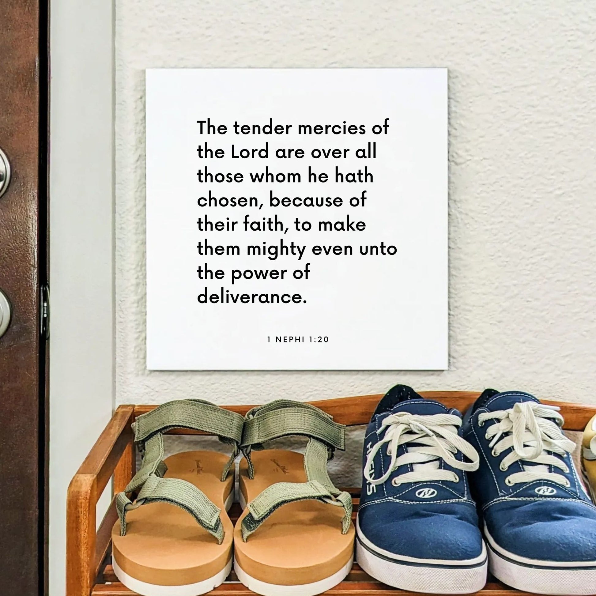 Shoes mouting of the scripture tile for 1 Nephi 1:20 - "The tender mercies of the Lord are over all"
