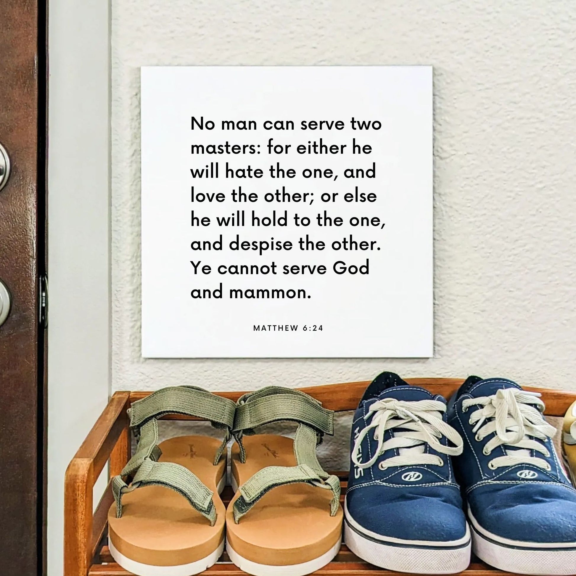 Shoes mouting of the scripture tile for Matthew 6:24 - "No man can serve two masters"