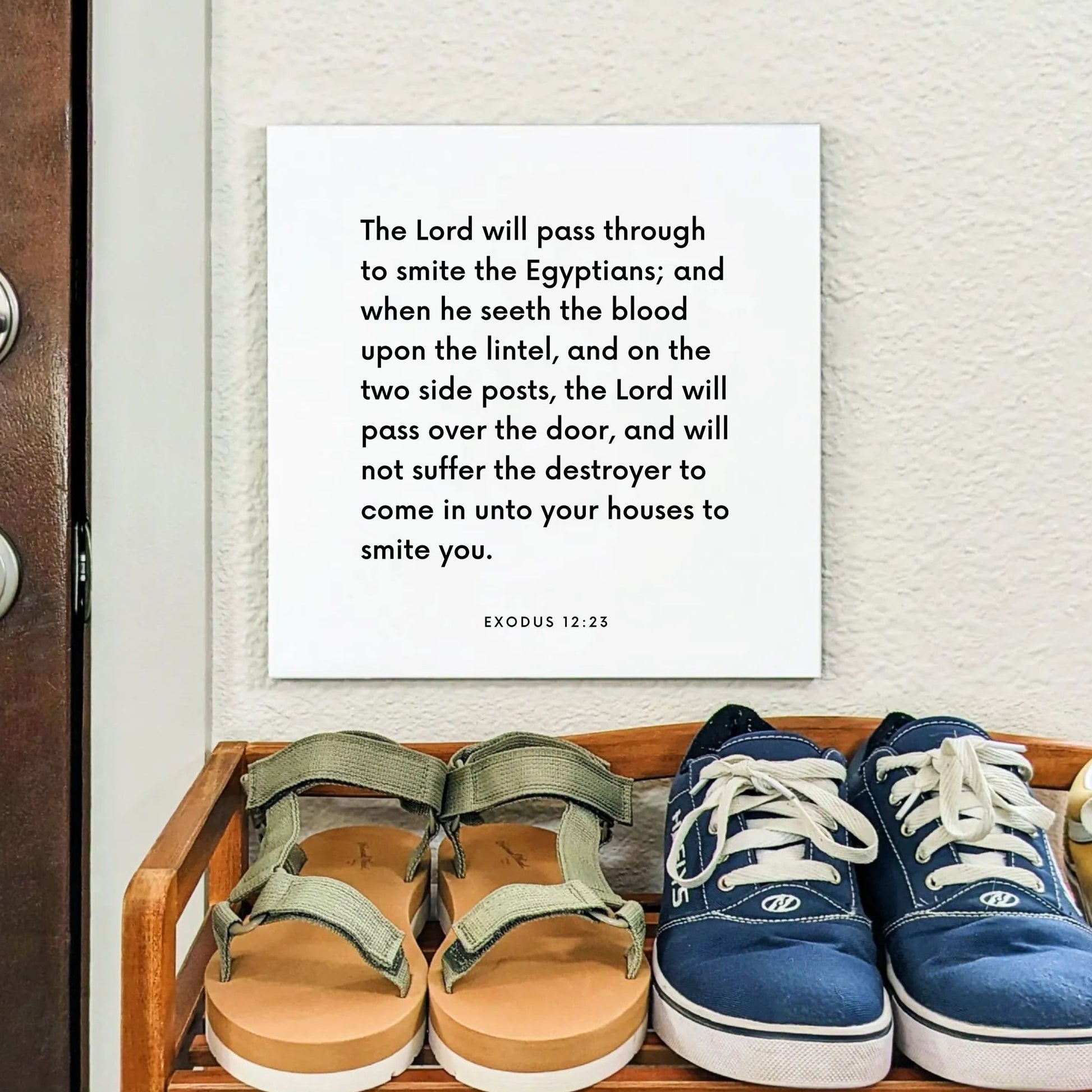 Shoes mouting of the scripture tile for Exodus 12:23 - "When he seeth the blood, the Lord will pass over the door"