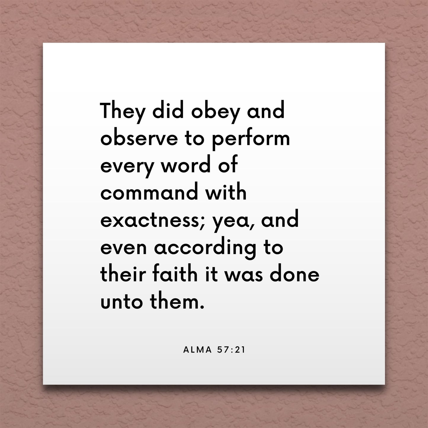 Wall-mounted scripture tile for Alma 57:21 - "They did perform every word of command with exactness"