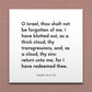 Wall-mounted scripture tile for Isaiah 44:21-22 - "Return unto me, for I have redeemed thee"
