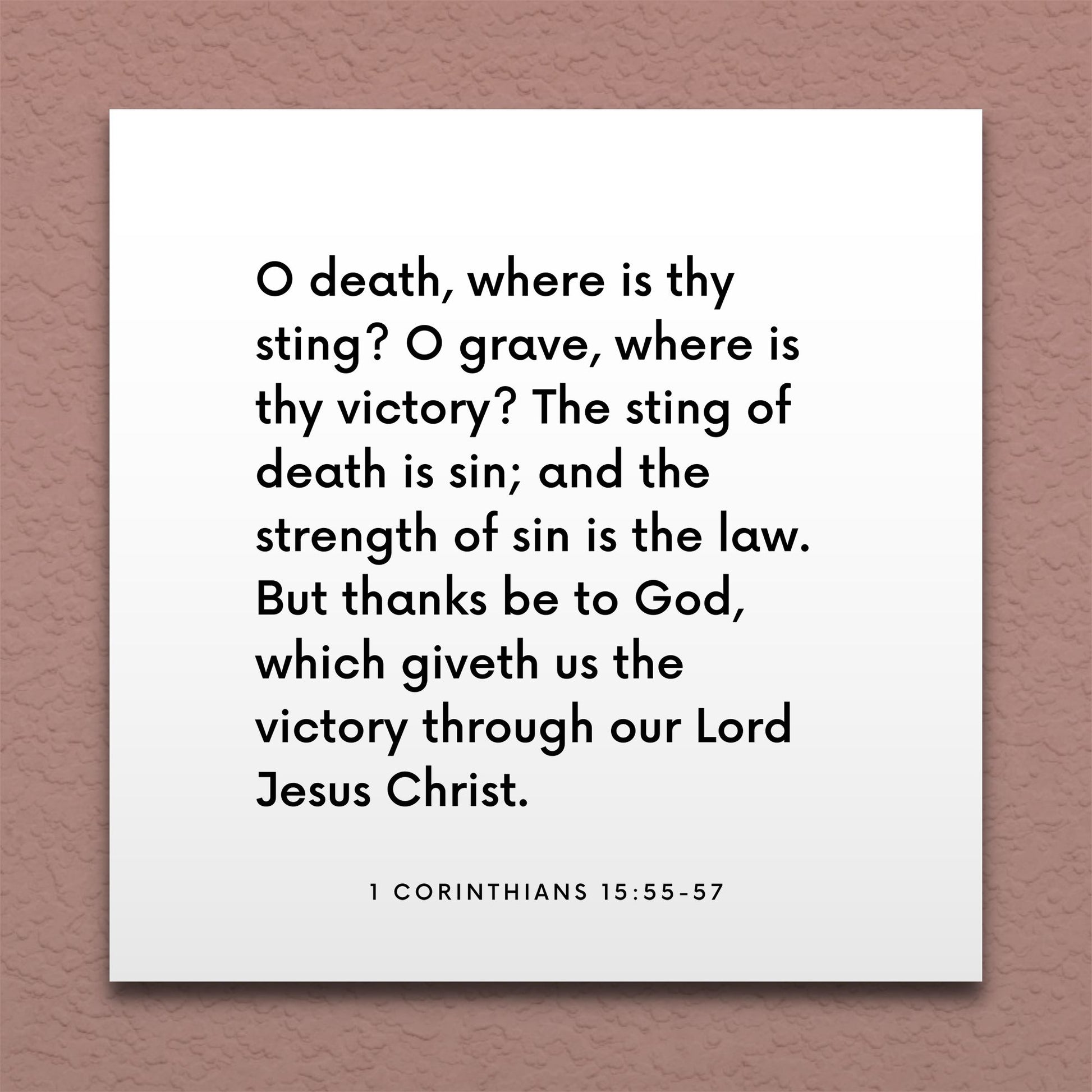 Wall-mounted scripture tile for 1 Corinthians 15:55-57 - "O death, where is thy sting? O grave, where is thy victory?"