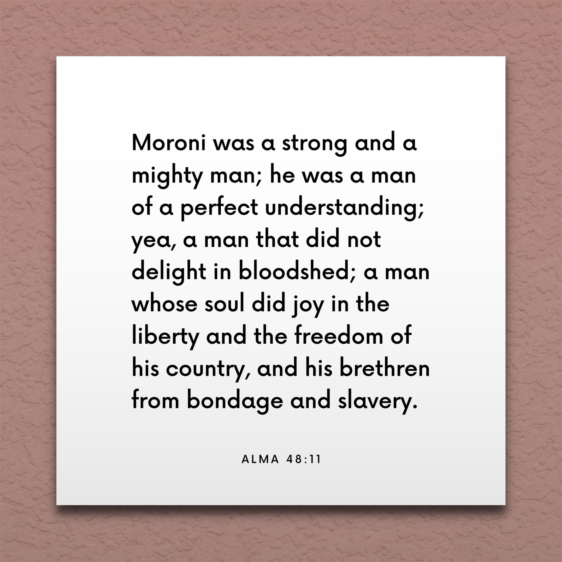 Wall-mounted scripture tile for Alma 48:11 - "Moroni was a strong and a mighty man"