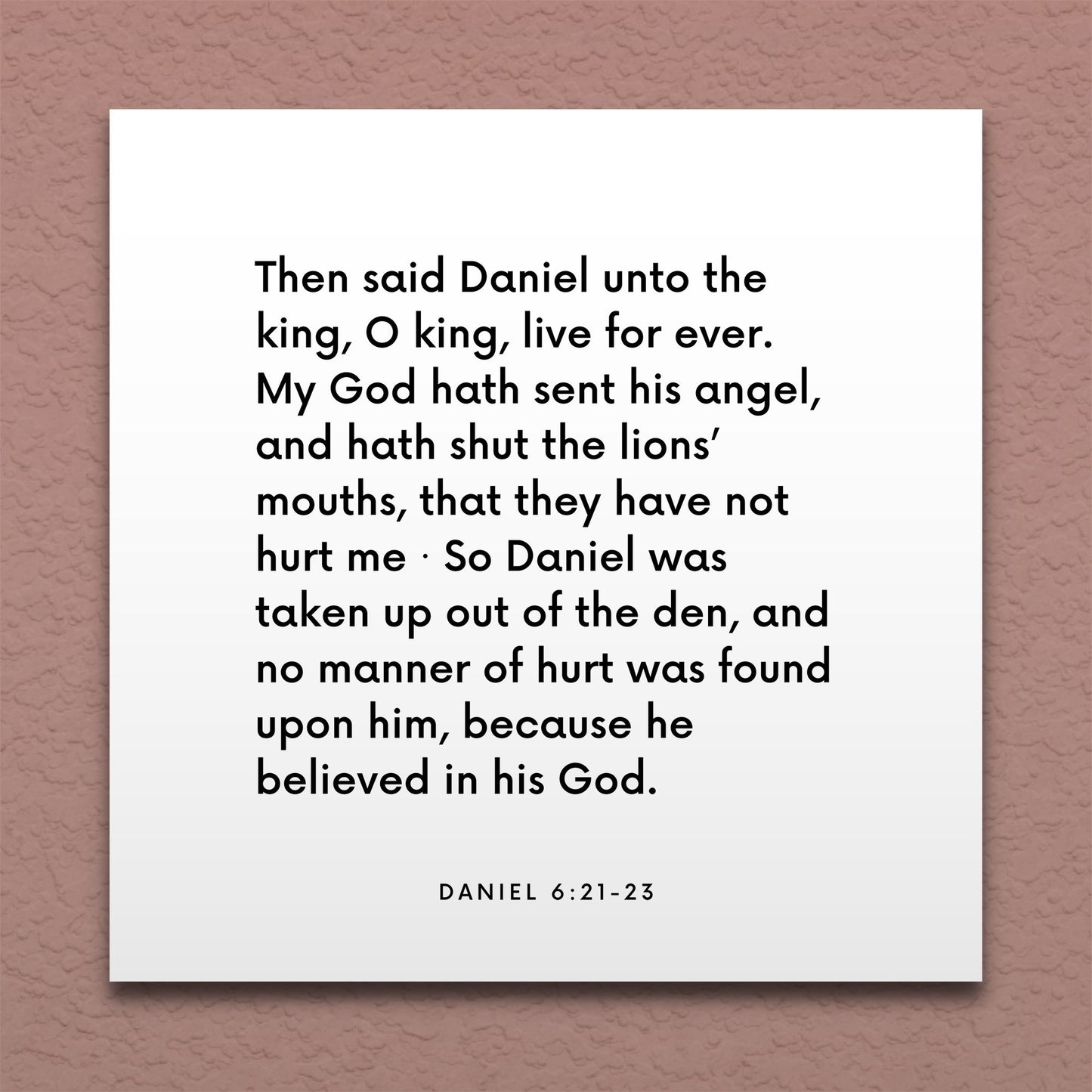 Wall-mounted scripture tile for Daniel 6:21-23 - "My God hath sent his angel, and hath shut the lions’ mouths"
