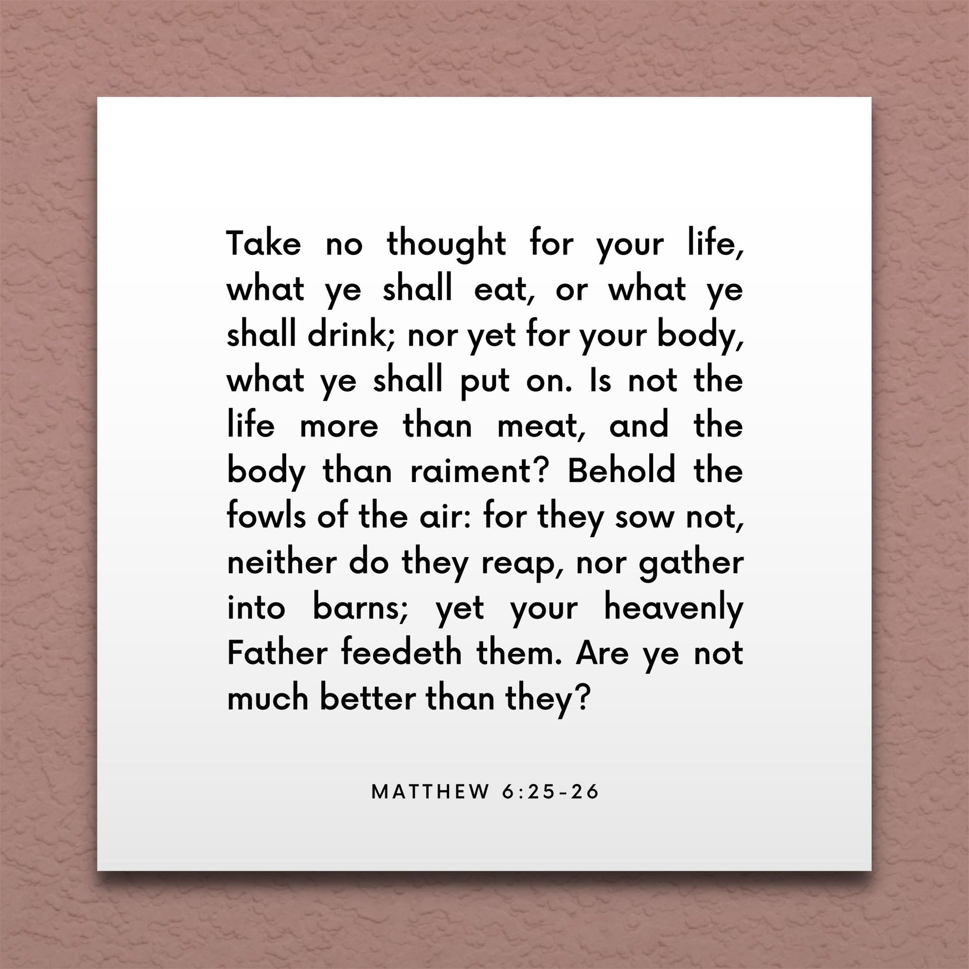 Wall-mounted scripture tile for Matthew 6:25-26 - "Take no thought for your life, what ye shall eat"